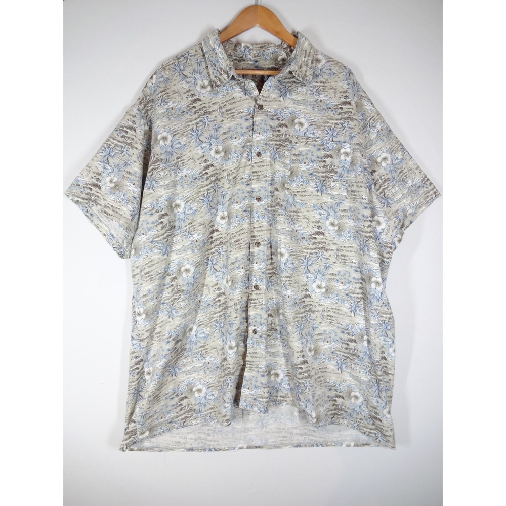 VTG Whoola's Hawaiian Shirt 2XL Beige Blue Tropical Floral Cotton Aloha Scenic